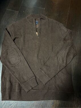 Lands' End Men's Brown Zip-Neck Sweater with Elbow Patches
